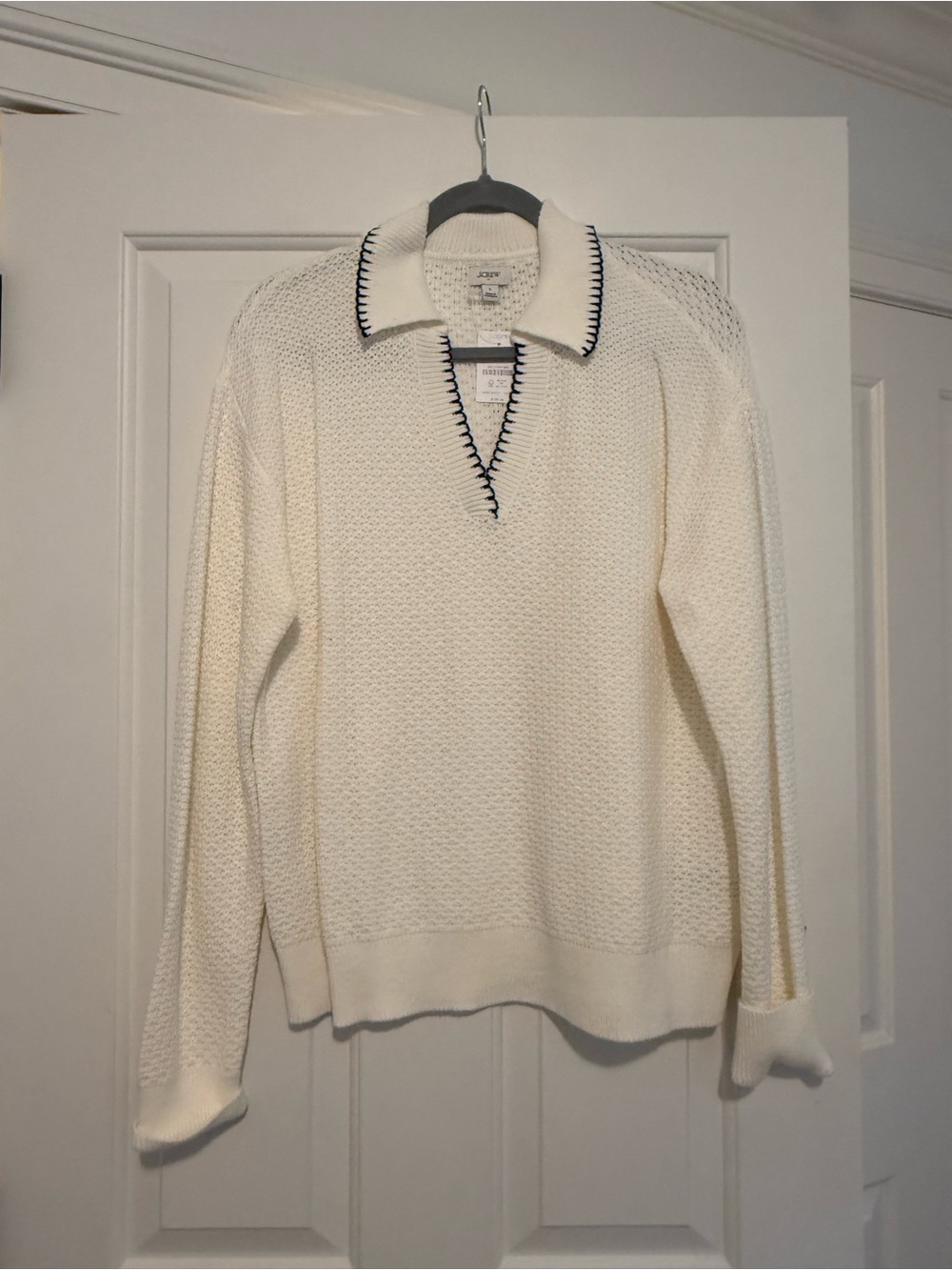 J. Crew Cream Knit Polo Sweater with Navy Trim